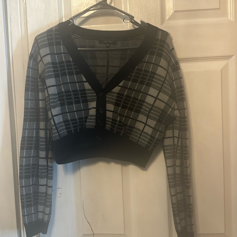 Cardigan Crop Top Black Gray Flannel